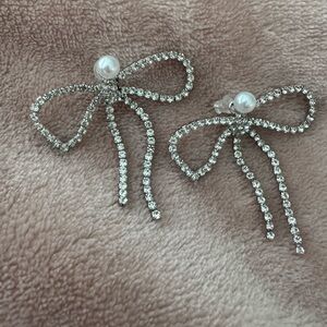 Silver Crystal Bow Earrings with Pearl Center